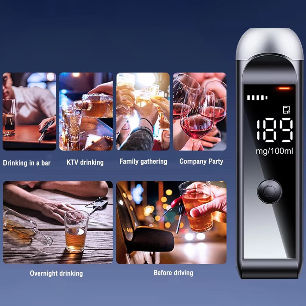 Alcohol detector with images of people drinking in various settings on a blue background