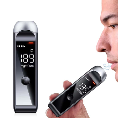 Digital Bovallo LED Screen Breathalyser device with a person using it, showing a close-up of the device and a person's mouth.