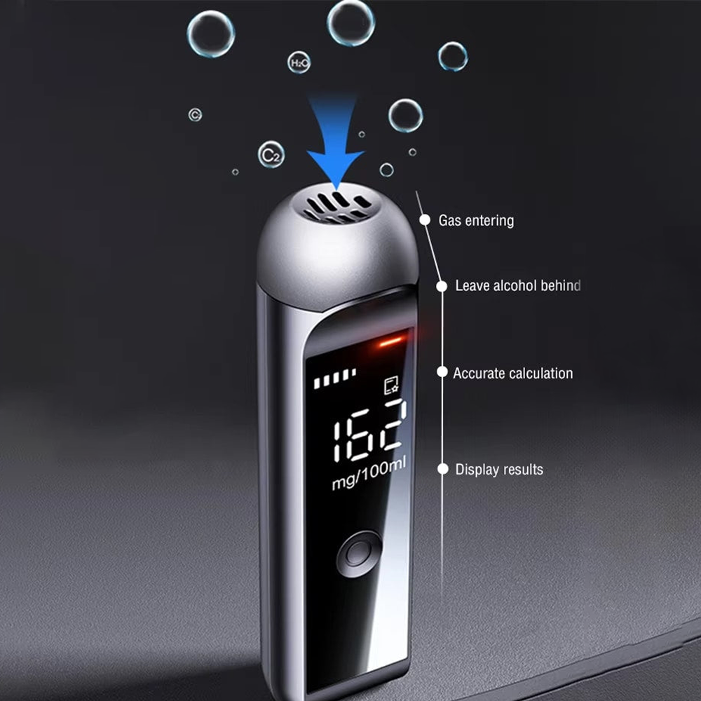 Alcohol Bovallo LED Screen Breathalyser device with digital display on a dark background