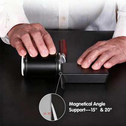 A close-up of a person's hands demonstrating a black cylindrical magnetic knife block on a dark surface, with a circular inset showing a 15-20 degree angle and text reading 'Magnetic Angle Support---15° & 20°'.