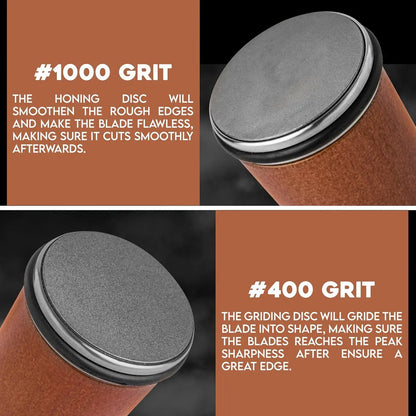 Two stages of Bovallo Rolling Knife Sharpener Kit process with grit levels and descriptions on a brown background.