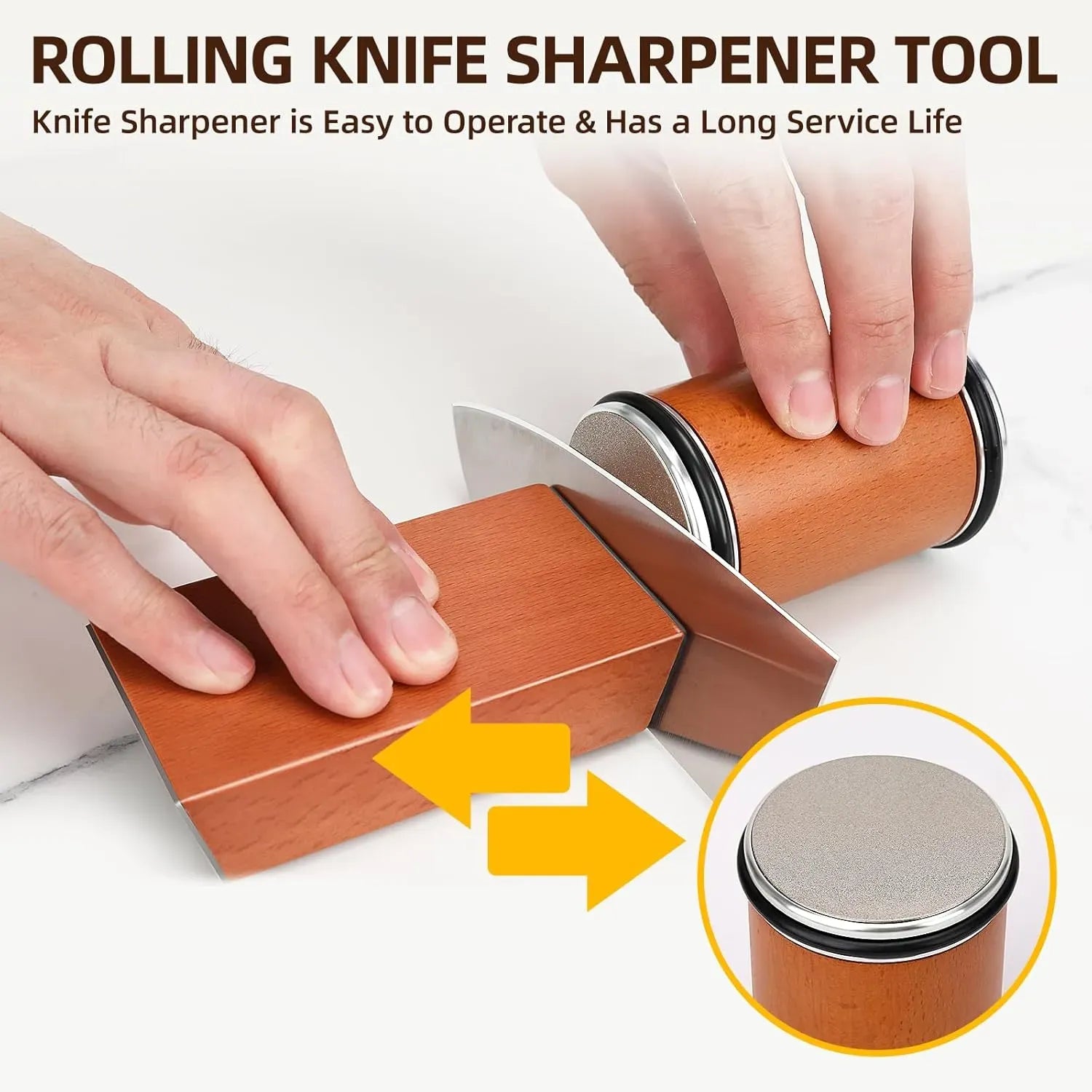 Rolling knife sharpener tool with hands using it on a white background