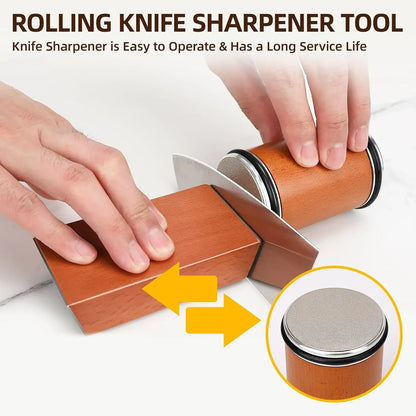 Rolling knife sharpener tool with hands using it on a white background
