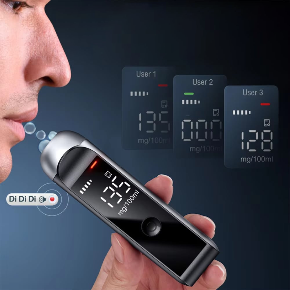 Person using a Bovallo LED Screen Breathalyser with digital display showing alcohol concentration.