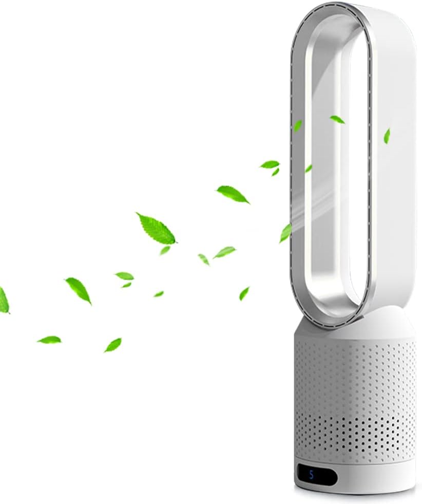White Breezaic Bladeless Tower Fan with green leaves on a white background