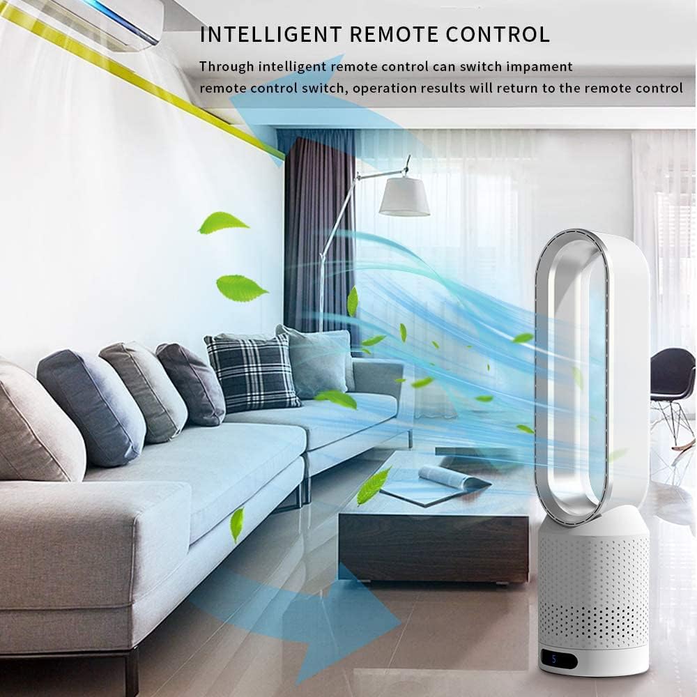 Breezaic Bladeless Tower Fan in a living room with intelligent remote control features highlighted