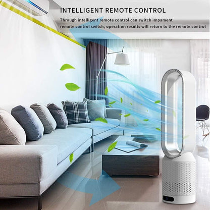 Breezaic Bladeless Tower Fan in a living room with intelligent remote control features highlighted