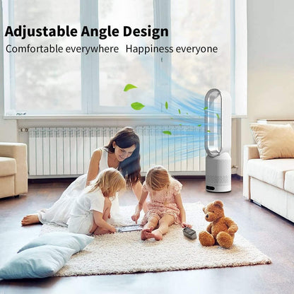 Woman and two children playing on a rug with a teddy bear, fan in the background, text 'Adjustable Angle Design' and 'Comfortable everywhere Happiness everyone'.