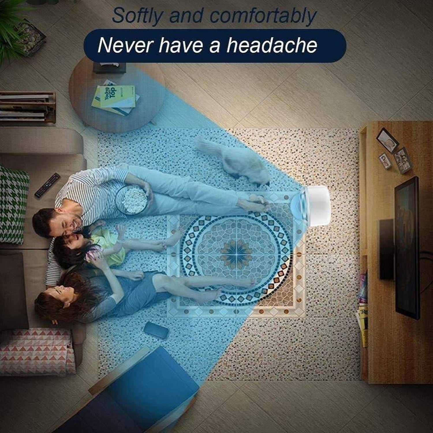 Family lying on a rug with a large bottle of water shaped like a person, promoting relief from headaches.