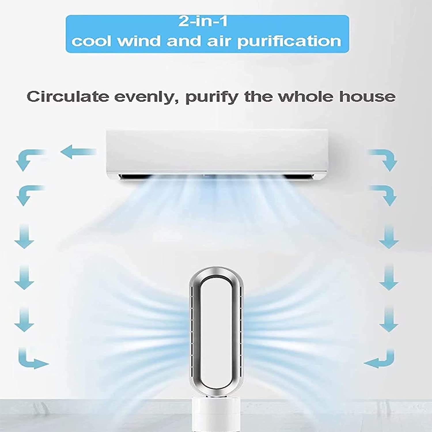Breezaic Bladeless Tower Fan with text '2-in-1 cool wind and air purification' on a white background