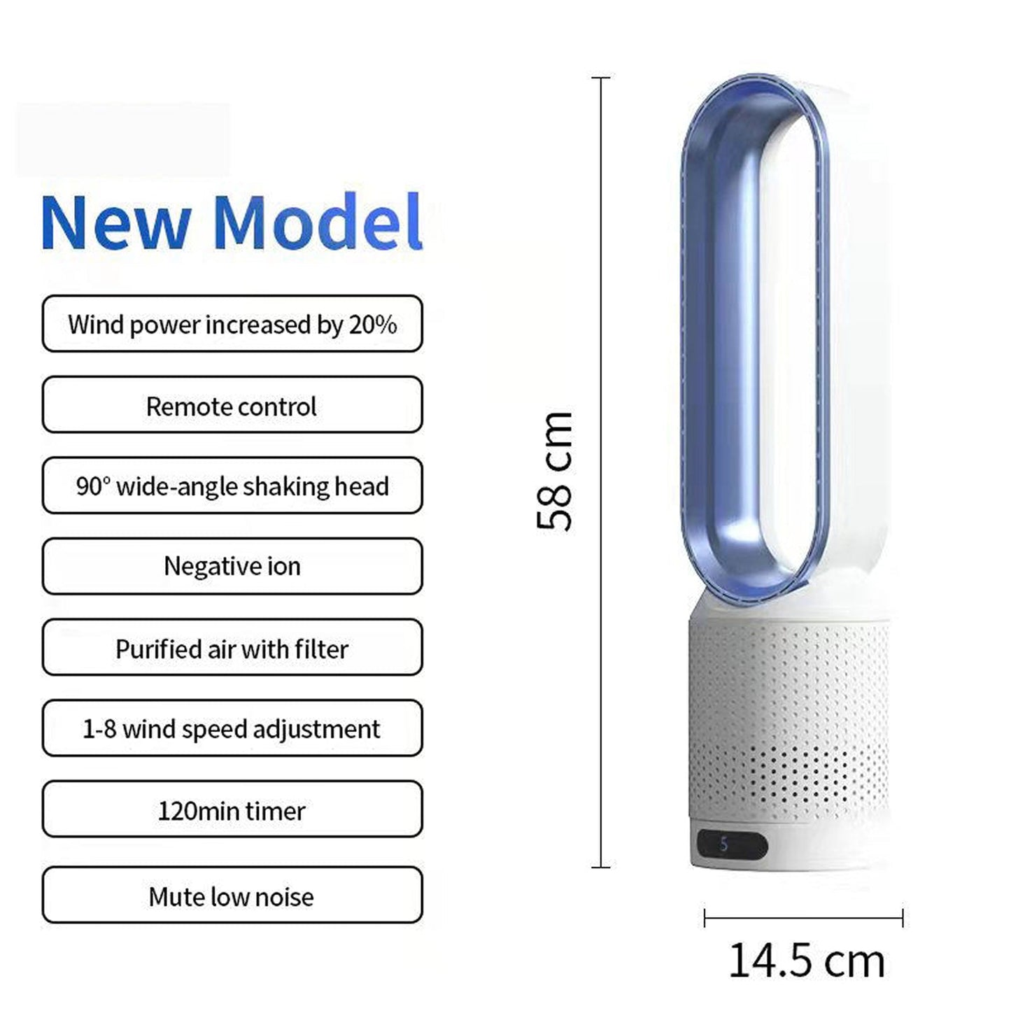 White and blue Breezaic Bladeless Tower Fan with features listed on a white background