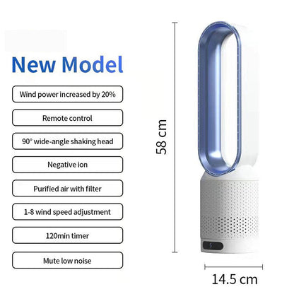 White and blue Breezaic Bladeless Tower Fan with features listed on a white background
