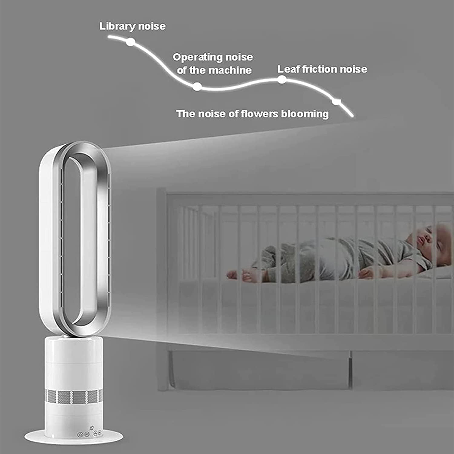 Baby in crib with noise machine labeled 'The noise of flowers blooming' on a gray background