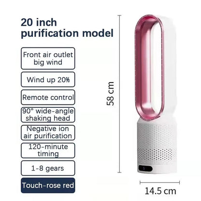 Dyson Breezaic Bladeless Tower Fan with specifications and dimensions on a white background