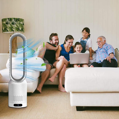 Family sitting on a couch with a portable air purifier in the foreground