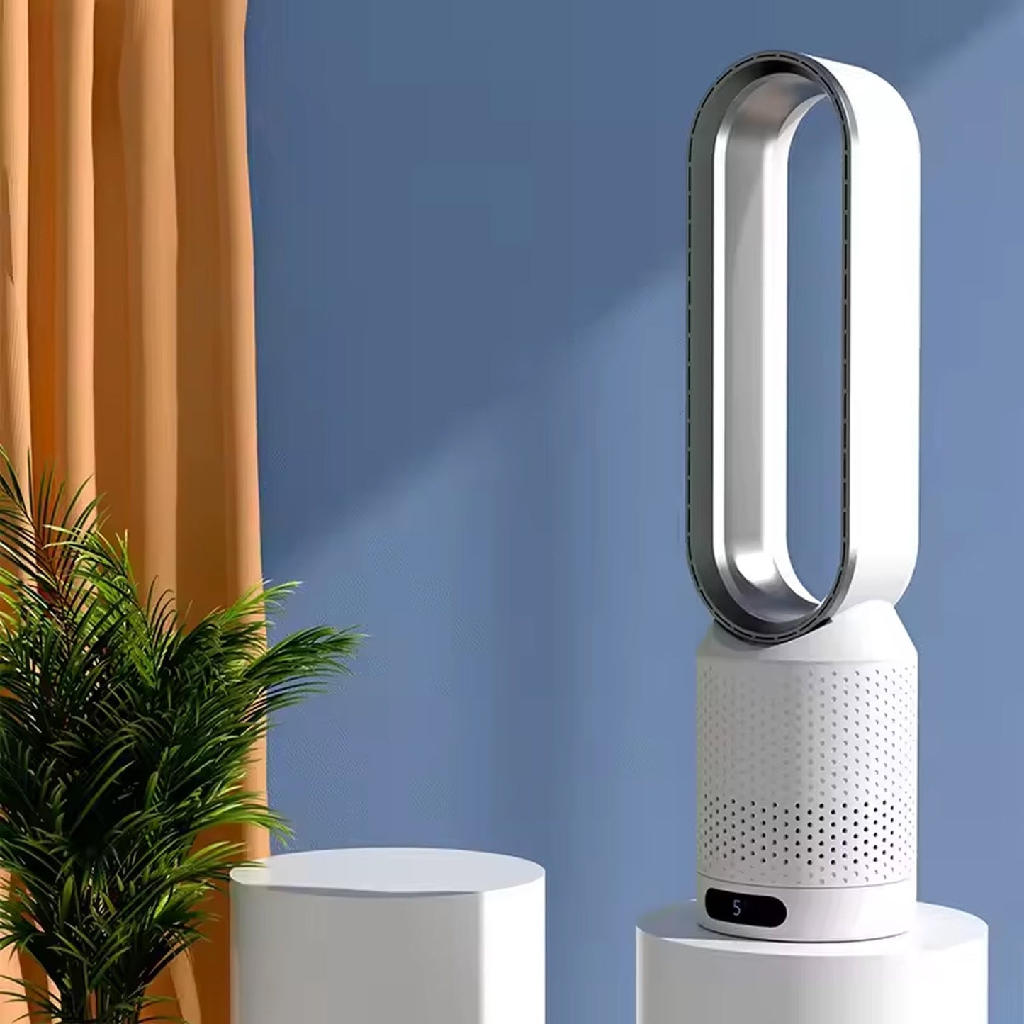 White and silver Breezaic Bladeless Tower Fan on a white pedestal against a blue wall with an orange curtain.