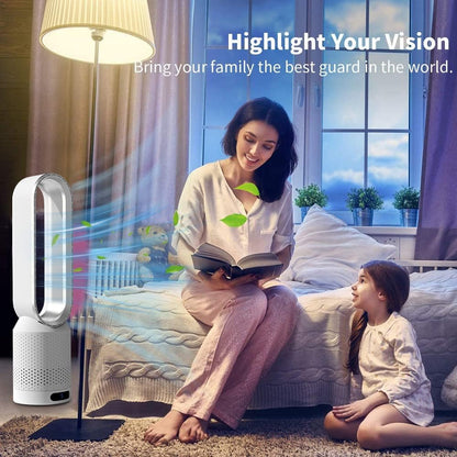 Woman and child reading a book in a bedroom with a white Breezaic Bladeless Tower Fan in the foreground.