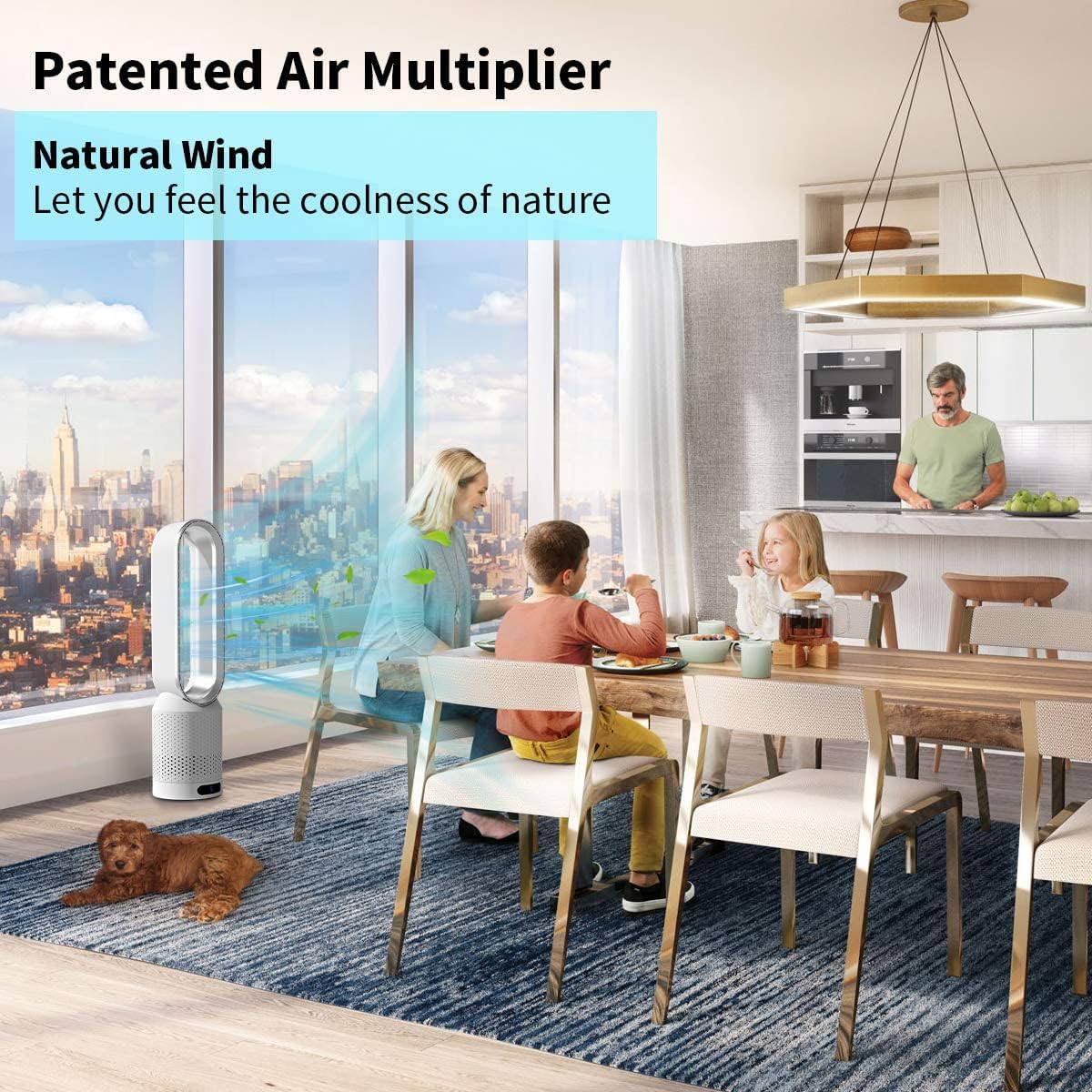 Family in a modern kitchen with a patented air multiplier device, promoting natural wind.