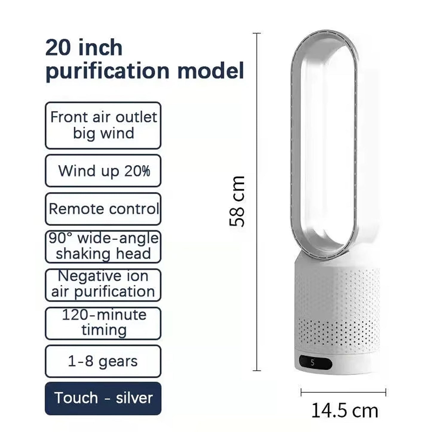 White Breezaic Bladeless Tower Fan with features listed on a white background