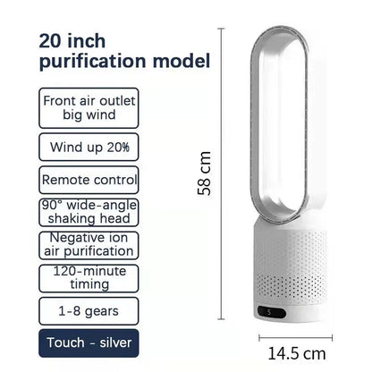 White Breezaic Bladeless Tower Fan with features listed on a white background