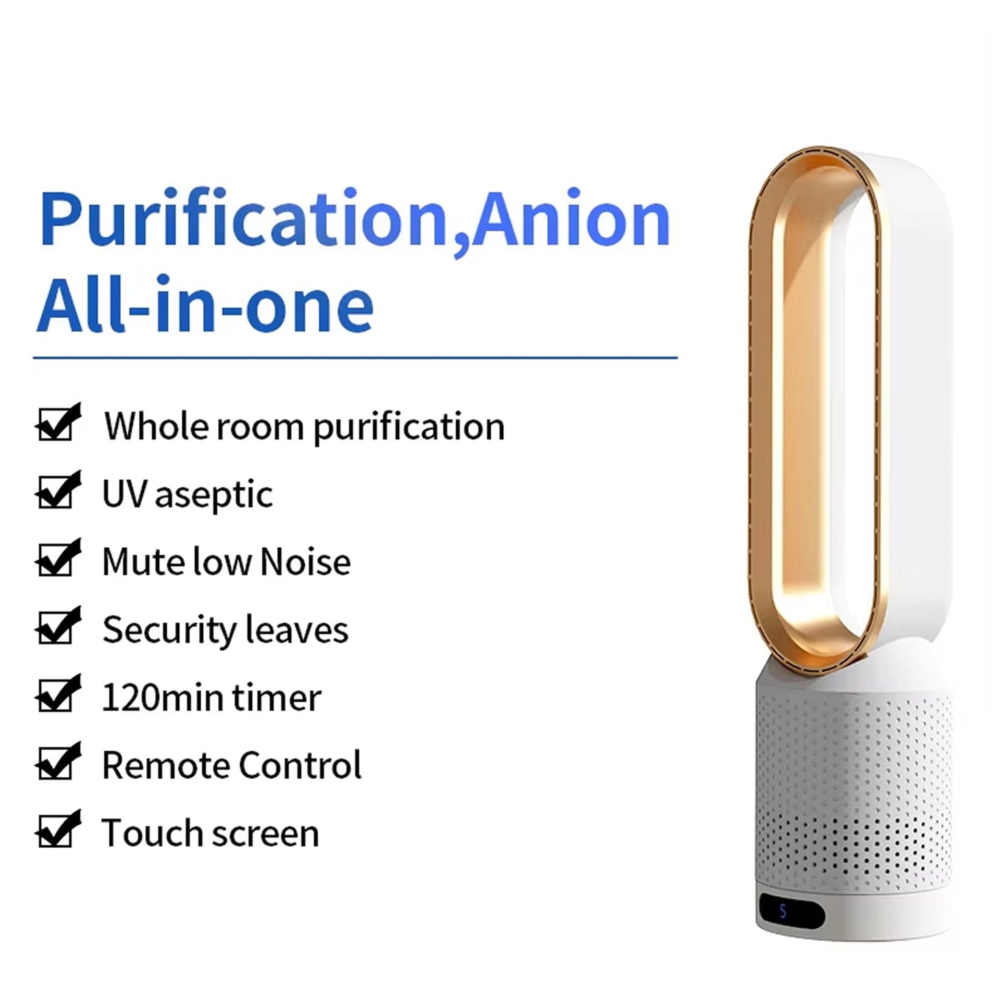 Breezaic Bladeless Tower Fan with features listed on a white background