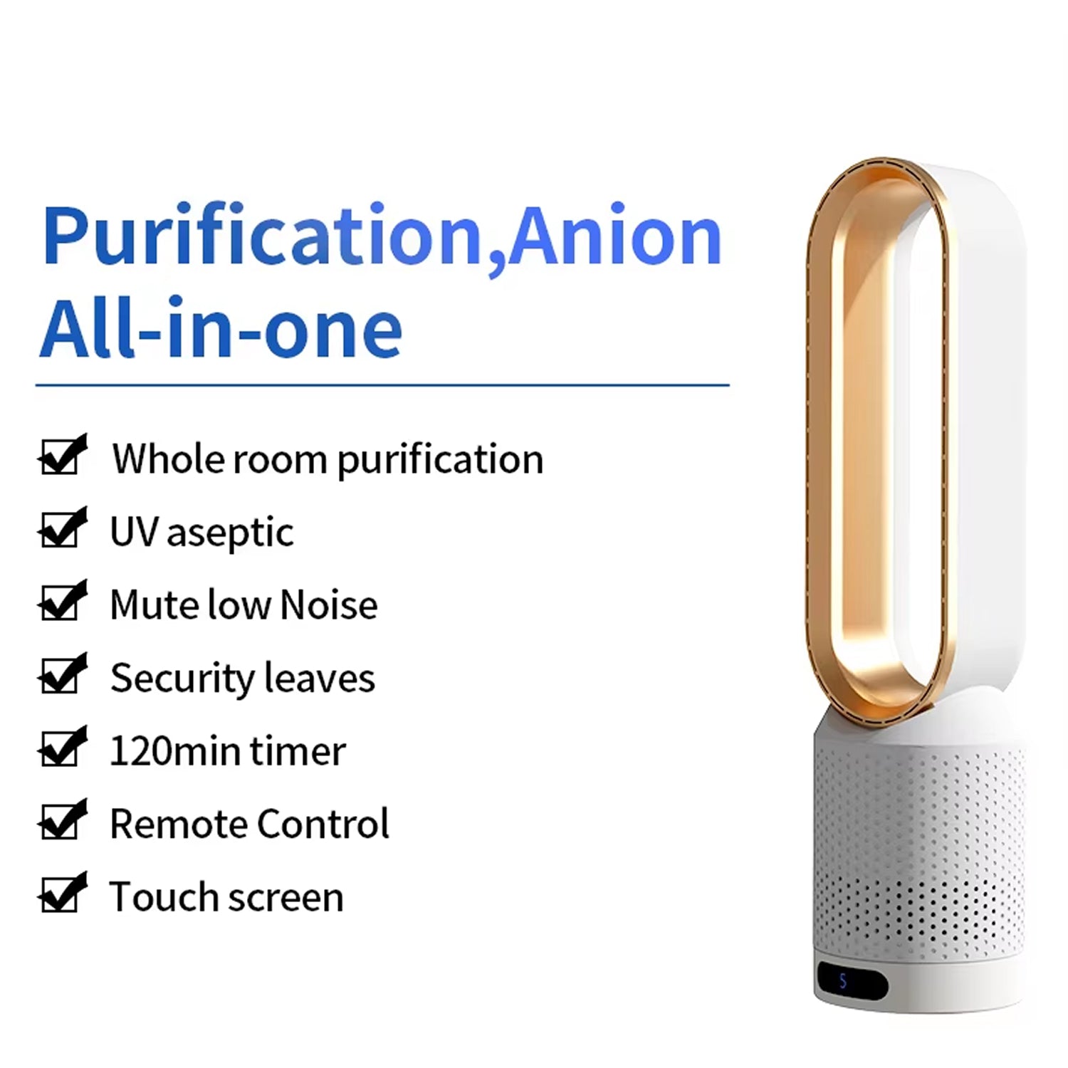 Breezaic Bladeless Tower Fan with features listed on a white background