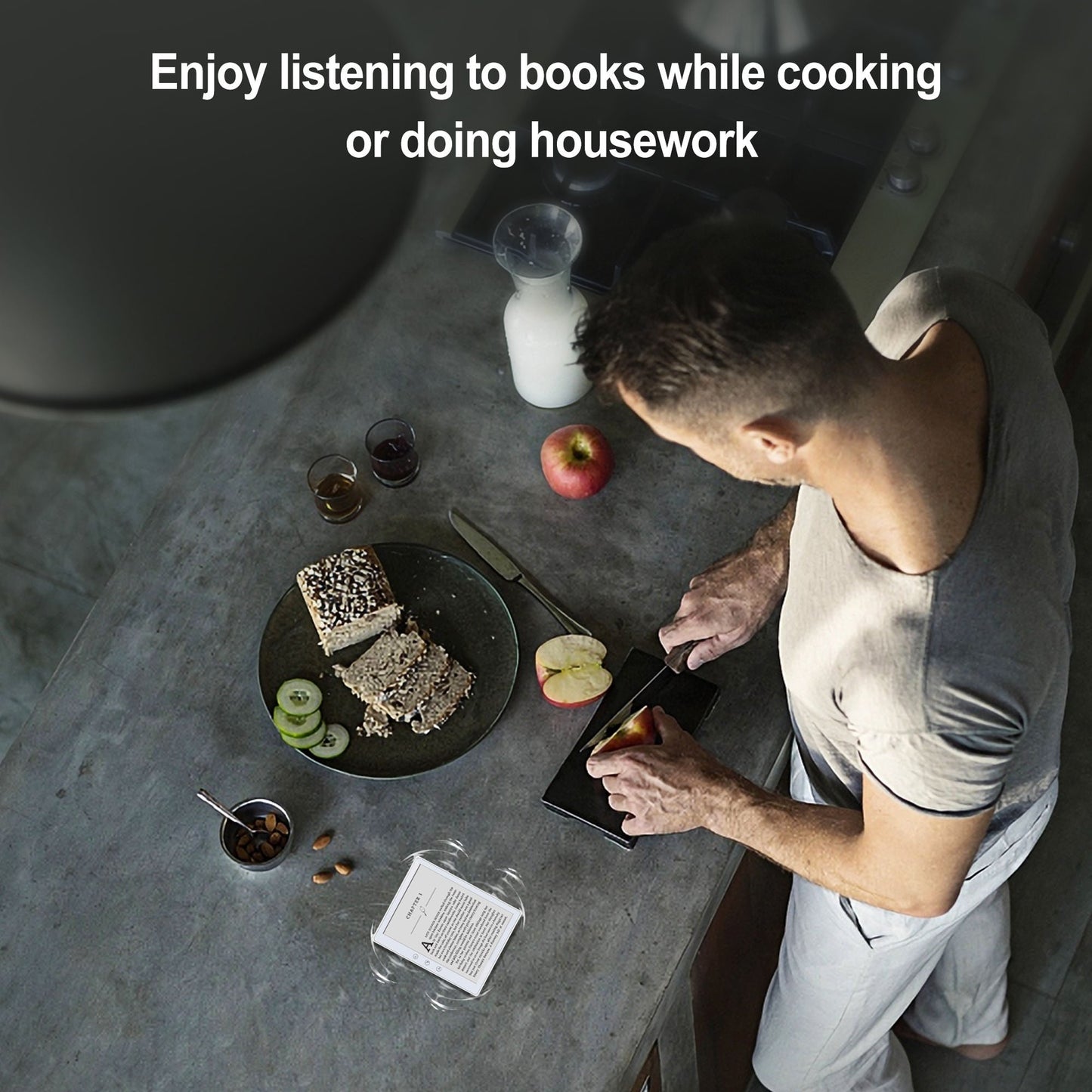 Person preparing food in a kitchen with text overlay about listening to Bukarox EReader.
