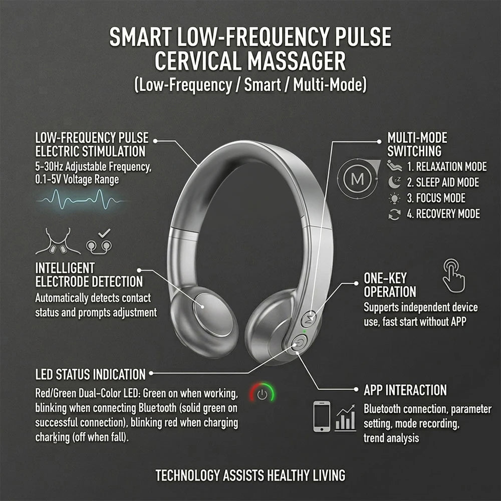A promotional infographic for a smart low-frequency pulse cervical massager on a dark gray background. The image features a 3D rendering of the silver and black neck massager in the center, surrounded by callout lines and text detailing its features such as low-frequency pulse electric stimulation, multi-mode switching, intelligent electrode detection, LED status indication, and app interaction.