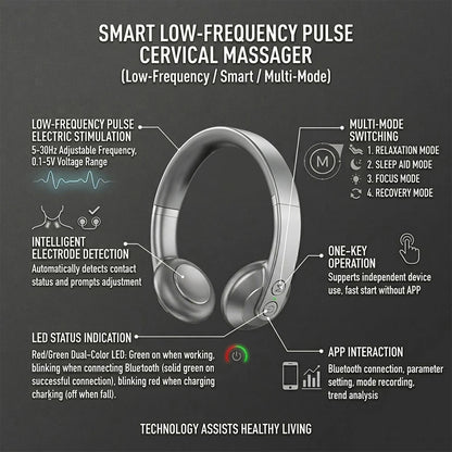 A promotional infographic for a smart low-frequency pulse cervical massager on a dark gray background. The image features a 3D rendering of the silver and black neck massager in the center, surrounded by callout lines and text detailing its features such as low-frequency pulse electric stimulation, multi-mode switching, intelligent electrode detection, LED status indication, and app interaction.