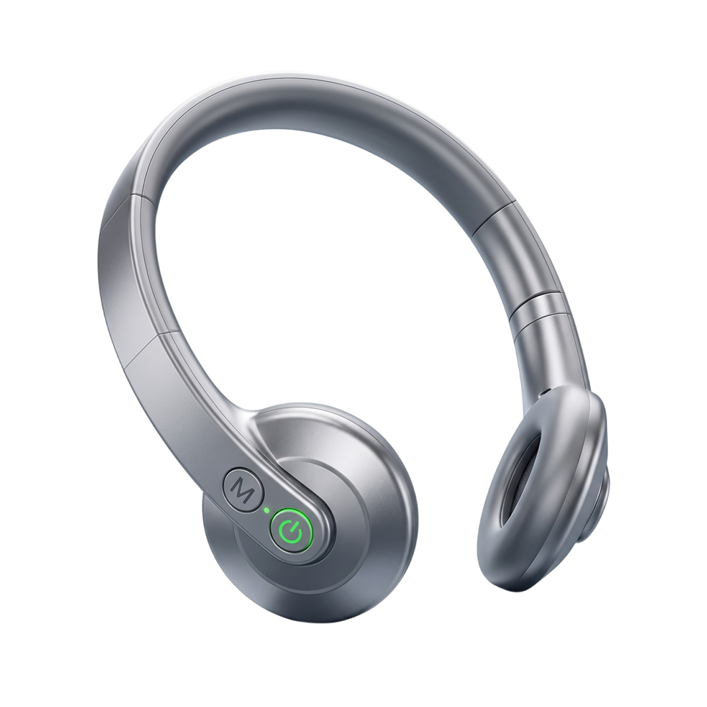 Silver wireless over-ear CalyxToni Vagus Nerve Stimulator with a metallic finish, featuring a green power button and a white music note button on the ear cup, shown against a plain white background.