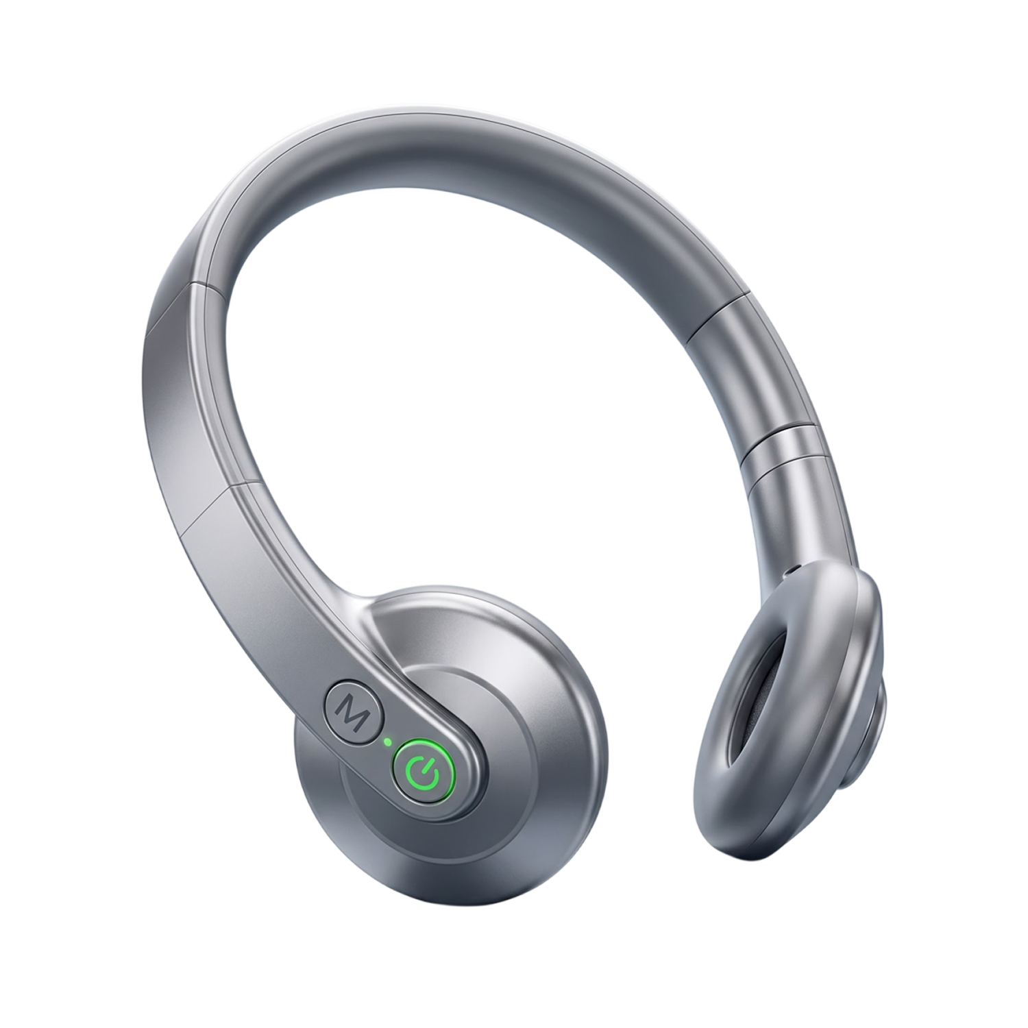 Silver wireless over-ear CalyxToni Vagus Nerve Stimulator with a metallic finish, featuring a green power button and a white music note button on the ear cup, shown against a plain white background.