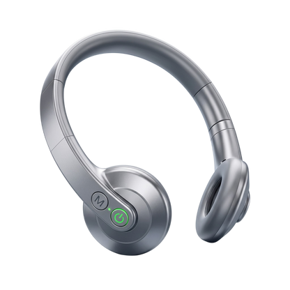 Silver wireless over-ear CalyxToni Vagus Nerve Stimulator with a metallic finish, featuring a green power button and a white music note button on the ear cup, shown against a plain white background.
