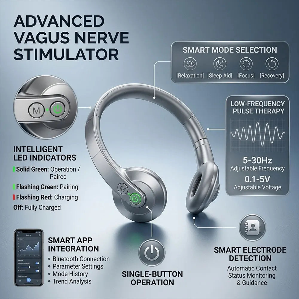 Advanced CalyxToni Vagus Nerve Stimulator with features highlighted on a blue background