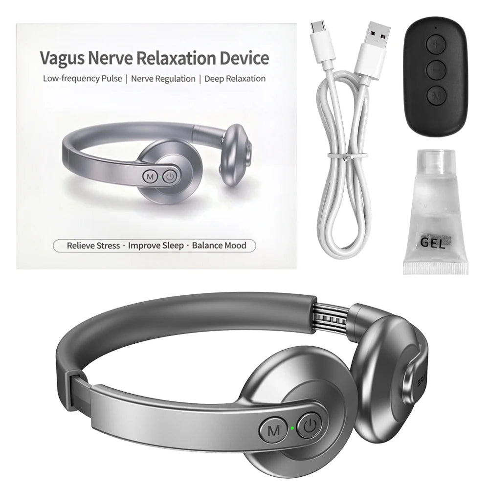 CalyxToni Vagus Nerve Stimulator kit including a silver over-ear headphone-shaped device, white USB charging cable, black three-button remote, and a small tube of gel, shown on a white background with product packaging.