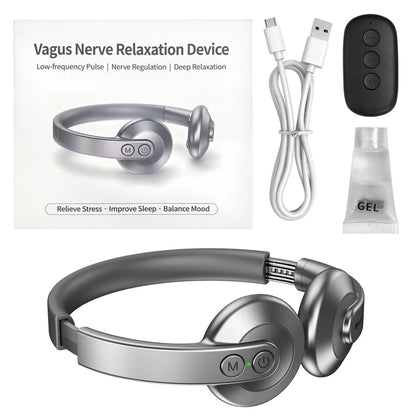 CalyxToni Vagus Nerve Stimulator kit including a silver over-ear headphone-shaped device, white USB charging cable, black three-button remote, and a small tube of gel, shown on a white background with product packaging.