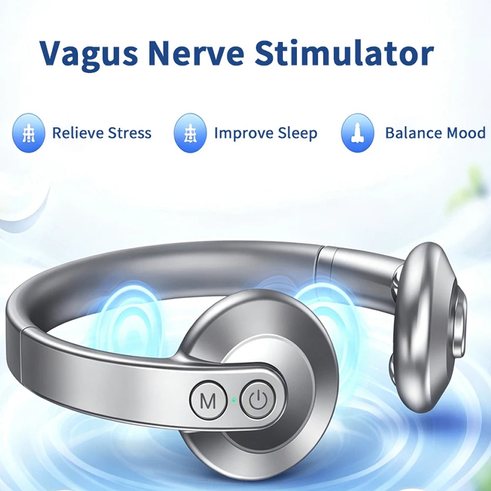 CalyxToni Vagus Nerve Stimulator headset in metallic silver with blue light wave graphics, featuring a headband, earpiece, and control buttons labeled 'M' and power, with text highlighting stress relief, sleep improvement, and mood balance.