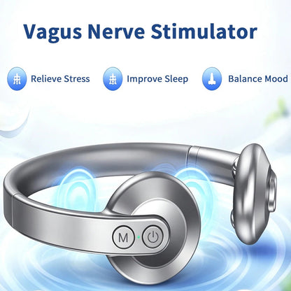 CalyxToni Vagus Nerve Stimulator headset in metallic silver with blue light wave graphics, featuring a headband, earpiece, and control buttons labeled 'M' and power, with text highlighting stress relief, sleep improvement, and mood balance.