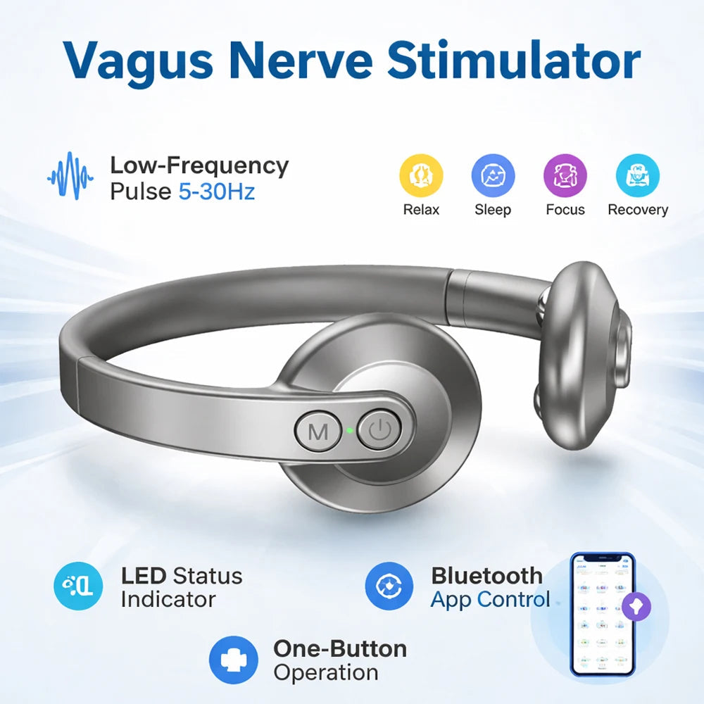 CalyxToni Vagus Nerve Stimulator with features listed on a blue background