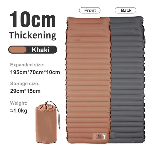 Inflatable CapixMat Camping Mattress pad with khaki and gray colors, showing front and back views, size details, and storage bag.