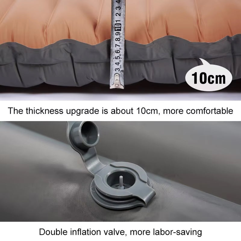 Inflatable CapixMat Camping Mattress with measurement of 10cm thickness and double inflation valve feature.