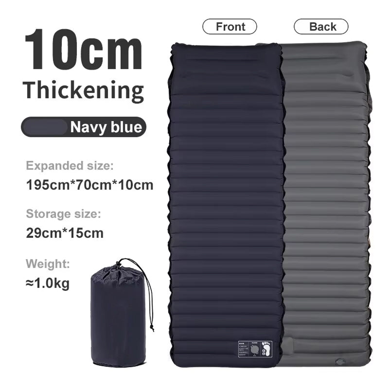 Navy blue CapixMat Camping Mattress with front and back views, expanded and storage sizes, and weight information.