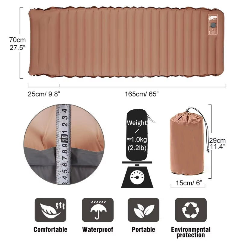Inflatable CapixMat Camping Mattress with dimensions, weight, and features displayed.