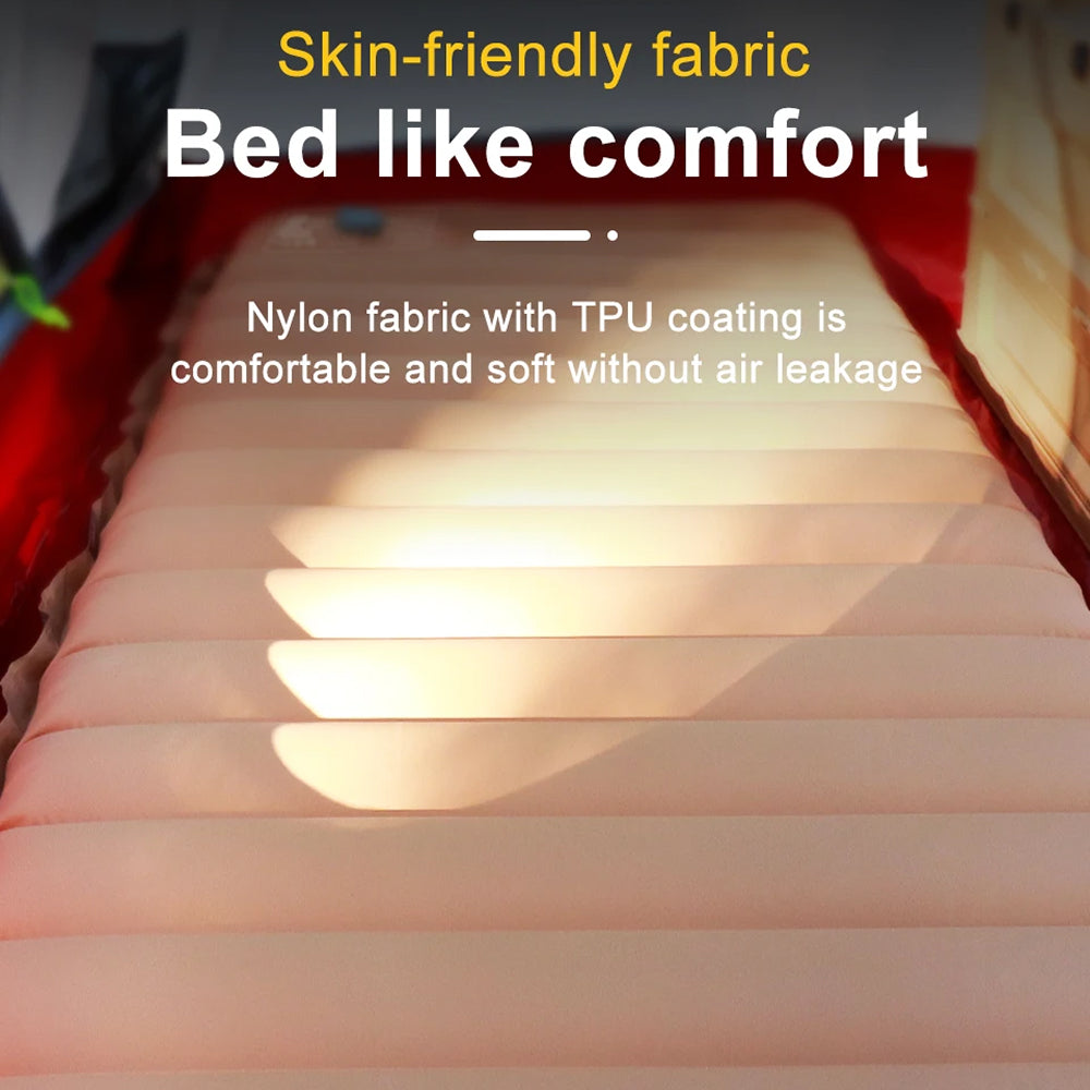 Close-up of a CapixMat Camping Mattress with text highlighting skin-friendly fabric and comfort.