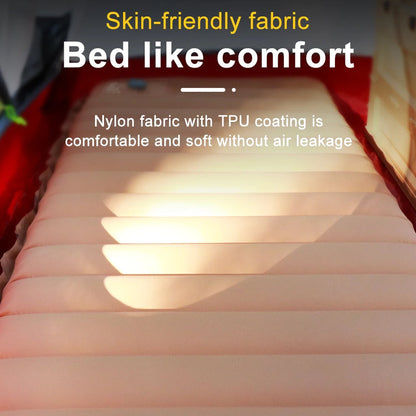 Close-up of a CapixMat Camping Mattress with text highlighting skin-friendly fabric and comfort.