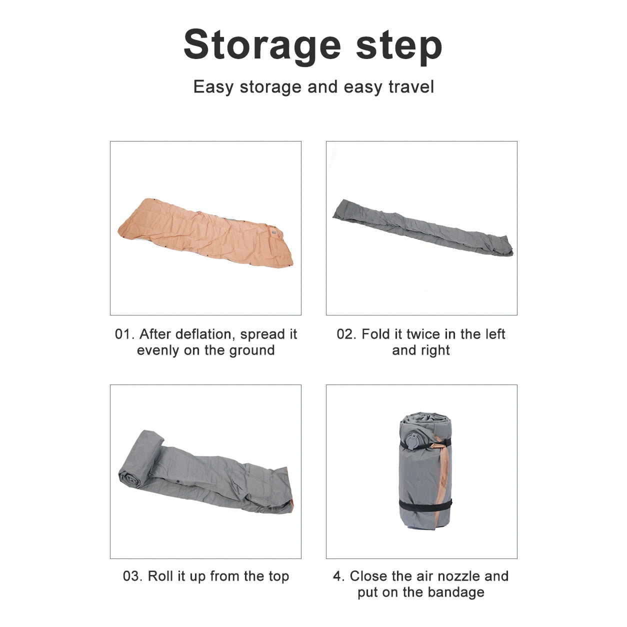 Instructions for storing a sleeping pad with images and text on a white background