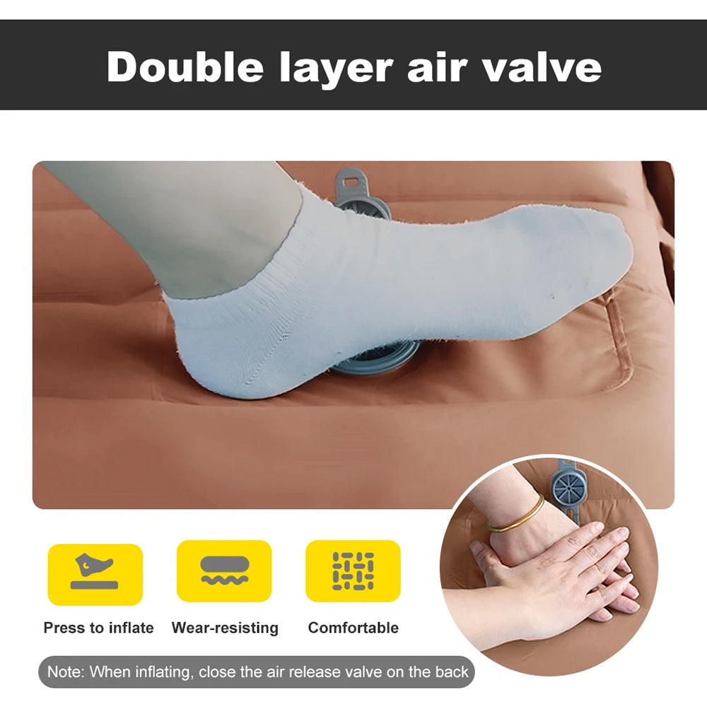 Inflatable foot rest with double layer air valve being used, showing features like press to inflate and wear-resisting.