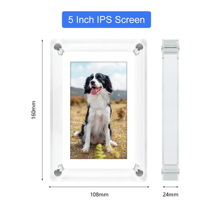 CaptiPix Digital Photo Frame with a dog picture on the screen, showing dimensions and screen size.