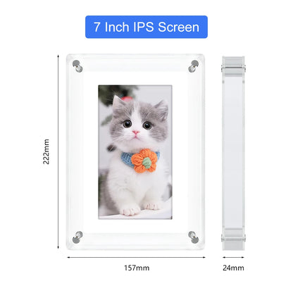 7-inch IPS CaptiPix Digital Photo Frame and measurement details on a white background