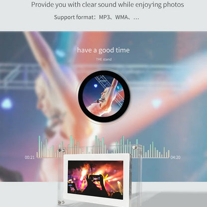 CaptiPix Digital Photo Frame with music player interface on a blurred concert background
