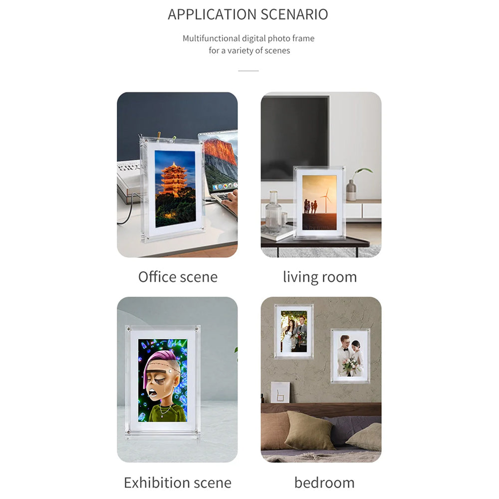 Multifunctional CaptiPix Digital Photo Frame application scenario in office, living room, exhibition, and bedroom settings.